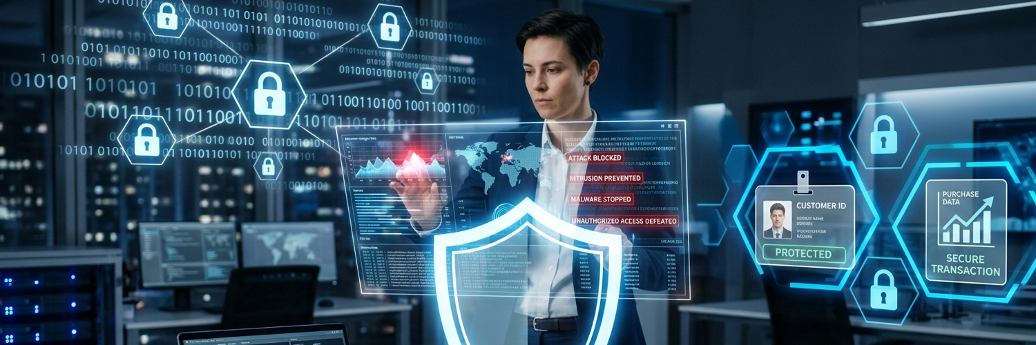 Uma profissional de segurança cibernética de cabelo curto e terno, de pé em um escritório de tecnologia moderno e escuro, cercada por displays holográficos flutuantes. No centro, um grande holograma de escudo azul brilhante. À esquerda, um holograma com mapas globais e alertas de segurança (incluindo 'ATTACK BLOCKED', 'MALWARE STOPPED'). À direita, hologramas de 'CUSTOMER ID' (com foto) e 'PURCHASE DATA', ambos marcados como 'PROTECTED' e 'SECURE'. Na mesa à frente, um laptop aberto com código, um smartphone e um servidor compacto. O fundo mostra uma rede flutuante de código binário e ícones de cadeado conectando dados. A cena transmite vigilância e proteção de dados de ponta.